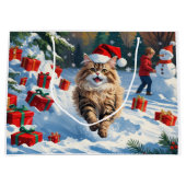 クリスマス帽子をかぶって雪に座るペルシャ猫 ラージペーパーバッグ (正面)
