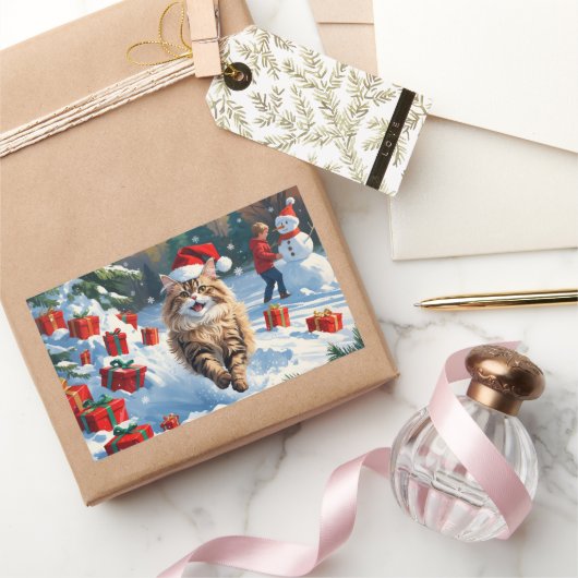クリスマス帽子をかぶって雪に座るペルシャ猫 長方形シール (ギフト)