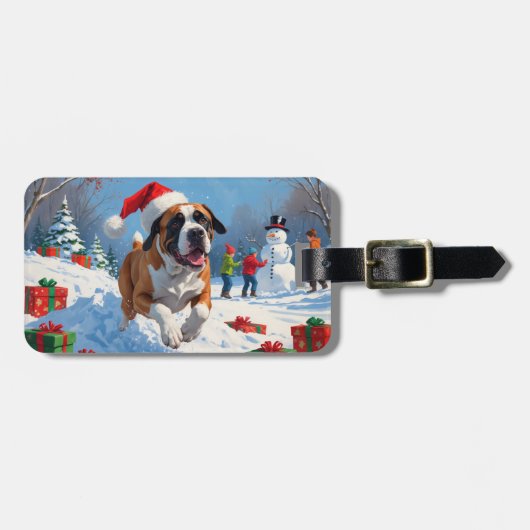 クリスマス帽子をかぶって雪の中を走るカネコルソ ラゲッジタグ (正面横)