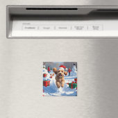 クリスマス帽子をかぶって雪の中を走るコッカプー マグネット (インサイチュ (食洗機))