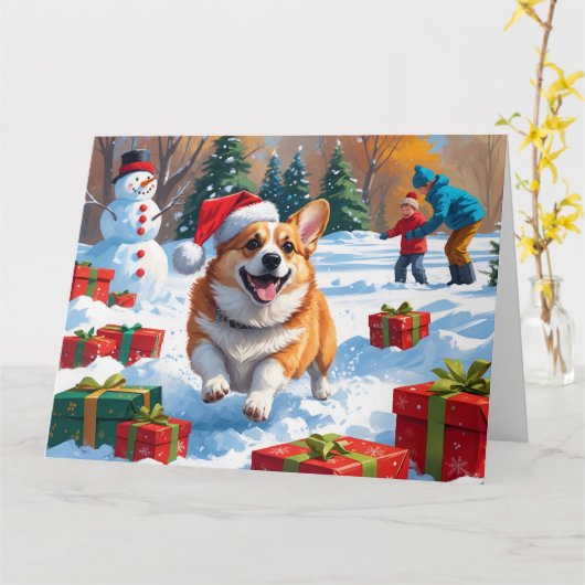 クリスマス帽子をかぶって雪の中を走るコーギー カード (黄色い花)
