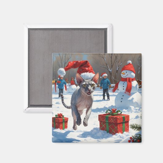 クリスマス帽子をかぶって雪の中を走るスフィンクス猫 マグネット (正面/裏面)