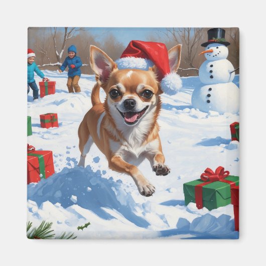 クリスマス帽子をかぶって雪の中を走るチワワ マグネット (正面)