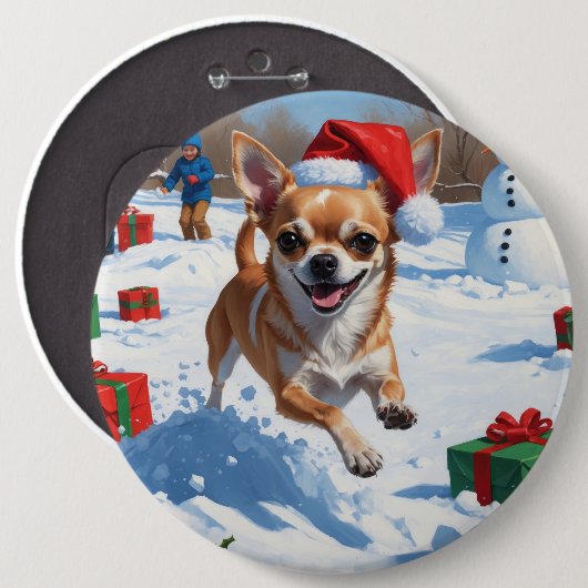 クリスマス帽子をかぶって雪の中を走るチワワ 缶バッジ (正面&裏面)