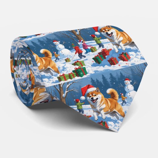 クリスマス帽子をかぶって雪の中を走る柴犬 ネクタイ (ロール)