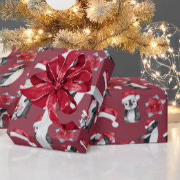 クリスマス帽子赤の可愛いペンギン ラッピングペーパー