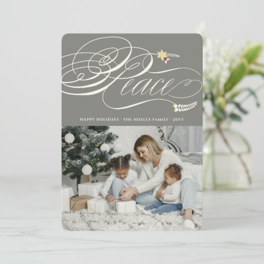 クリスマス平和の書道の葉のクラシック写真 シーズンカード (スタンド正面)