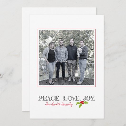 クリスマス平和ラブジョイHolly家族の名前写真 シーズンカード (正面/裏面)