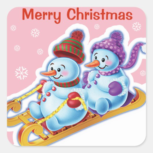 クリスマス広場のシール雪だるまスノースポーツ。 スクエアシール (正面)