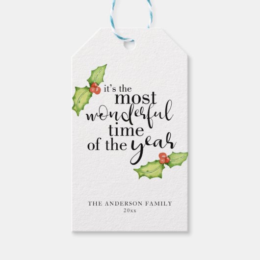 クリスマス引用文で最も素晴らしいタイムハンドレタリング ギフトタグ (正面)