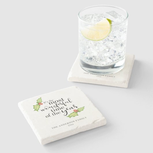 クリスマス引用文で最も素晴らしいタイムハンドレタリング ストーンコースター (横)