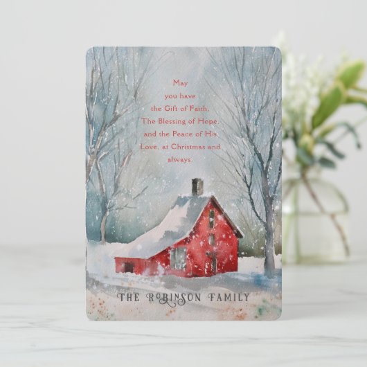 クリスマス引用文レッドファームハウススノーウィンタースケープ シーズンカード (スタンド正面)
