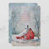 クリスマス引用文レッドファームハウススノーウィンタースケープ シーズンカード (正面/裏面)