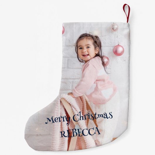 クリスマス引用文写真名ネイビーブルー スモールクリスマスストッキング (裏面)