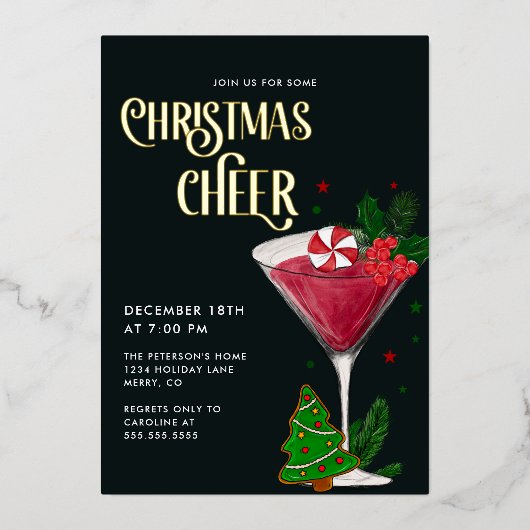 クリスマス応援ホリデーパ実在ティ金ゴールド 箔招待状 (正面)