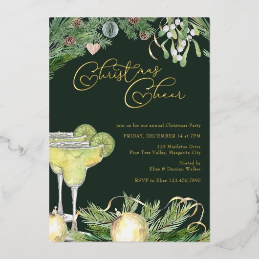 クリスマス応援マルガリータとミストレトーパーティー金ゴールド 箔招待状 (正面)