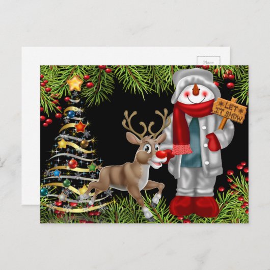 クリスマス応援雪だるまトナカイ絵葉書2 シーズンポストカード (正面/裏面)