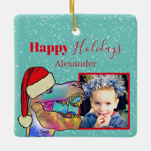 クリスマス恐竜の写真の記念品 セラミックオーナメント (正面)