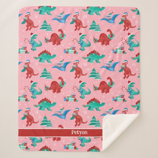 クリスマス恐竜キッズおもしろいホリデーパーソナライズされた シェルパブランケット (正面)