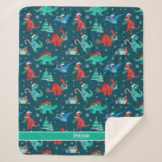 クリスマス恐竜キッズおもしろいホリデーパーソナライズされた シェルパブランケット (正面)