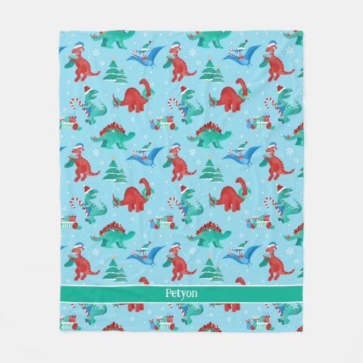 クリスマス恐竜キッズおもしろいホリデーパーソナライズされた フリースブランケット (正面)