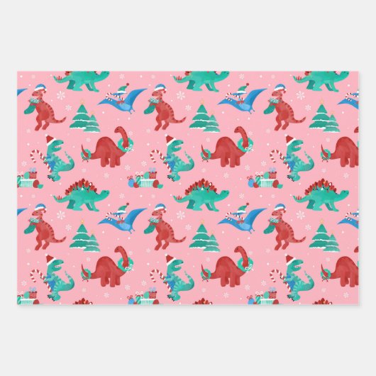クリスマス恐竜キッズおもしろい冬季休暇 ラッピングペーパーシート (正面)