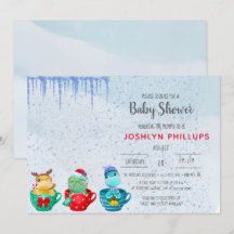 クリスマス恐竜ティーカップベビーシャワー招待状