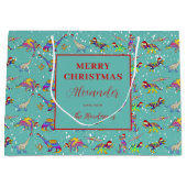 クリスマス恐竜パターンの名前の追加 ラージペーパーバッグ (正面)