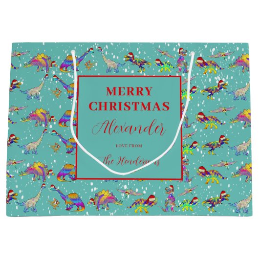 クリスマス恐竜パターンの名前の追加 ラージペーパーバッグ (正面)