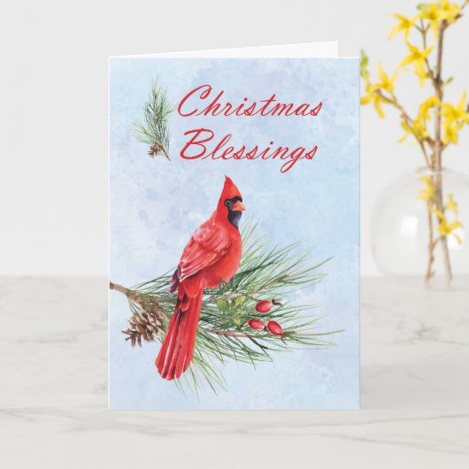 クリスマス恵みレッド(鳥)ショウジョウコウカンチョウオンパインボー カード (黄色い花)