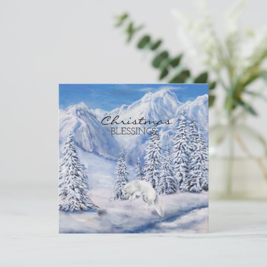 クリスマス恵み冬の風景と白キツネ カード (スタンド正面)