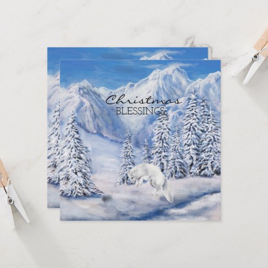 クリスマス恵み冬の風景と白キツネ カード (正面/裏面インサイチュ)