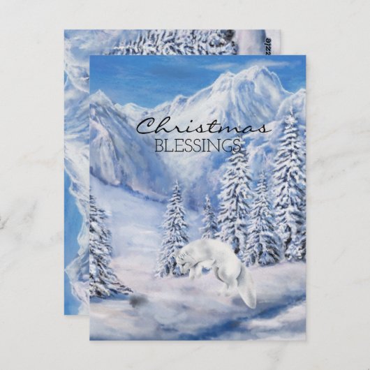 クリスマス恵み冬の風景と白キツネ ポストカード (正面/裏面)