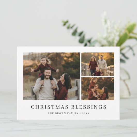 クリスマス恵み家族3写真ミニマリスト シーズンカード (スタンド正面)