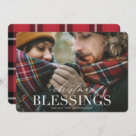 クリスマス恵み赤い格子模様の写真カード シーズンカード (正面/裏面)
