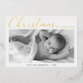 クリスマス恵み金ゴールドフォイル生まれたばかりのベビー写真 箔シーズンカード (正面)