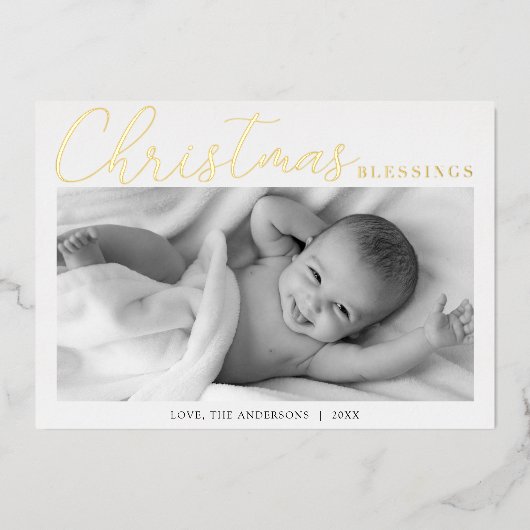 クリスマス恵み金ゴールドフォイル生まれたばかりのベビー写真 箔シーズンカード (正面)