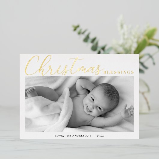 クリスマス恵み金ゴールドフォイル生まれたばかりのベビー写真 箔シーズンカード (立ち正面)
