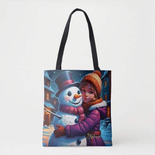 クリスマス愛らしい女の子と雪だるま トートバッグ (正面)