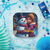 クリスマス愛らしい女の子と雪だるま ペーパープレート (パーティー)