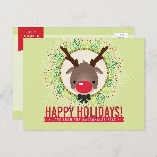 クリスマス感謝していリース赤い鼻トナカイルドルフ シーズンポストカード (正面/裏面)