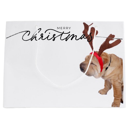 クリスマス抱き枕ブルドッグ着用〔雄ジカの〕枝角 ラージペーパーバッグ (正面)