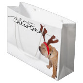 クリスマス抱き枕ブルドッグ着用〔雄ジカの〕枝角 ラージペーパーバッグ (正面アングル)