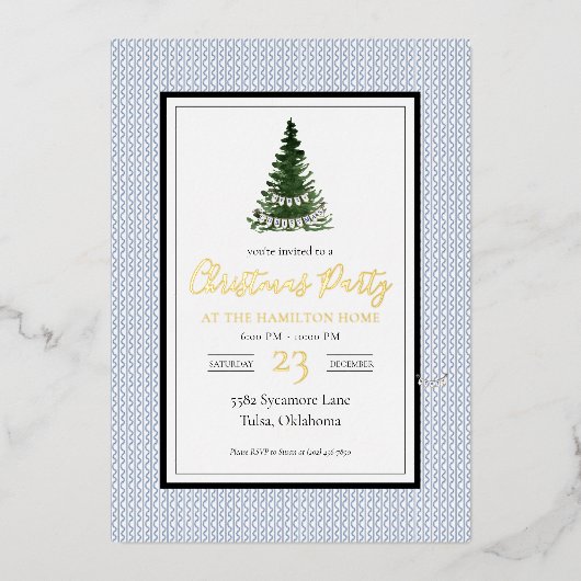 クリスマス招待状ネイビーコテージコア 箔招待状 (正面)