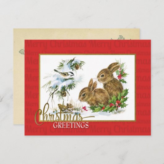 クリスマス挨拶ウサギのヴィンテージ複製 シーズンポストカード (正面/裏面)