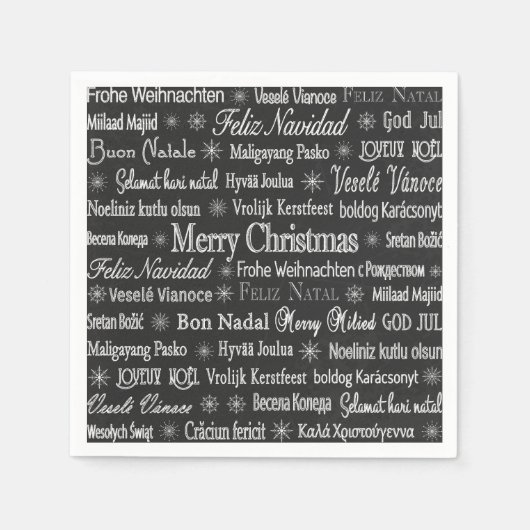 クリスマス挨拶マルチランゲージブラック スタンダードカクテルナプキン (正面)