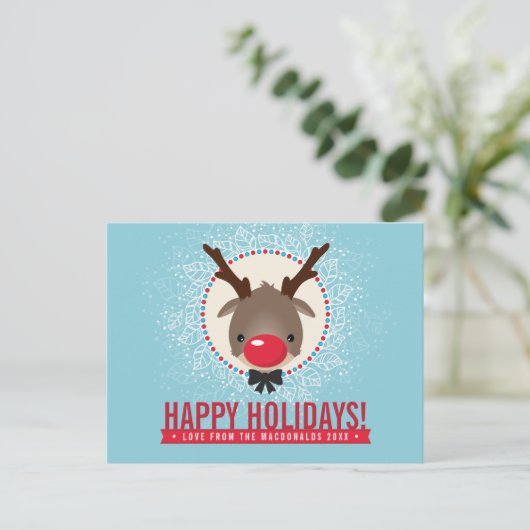 クリスマス挨拶レッド鼻トナカイルドルフ青 シーズンポストカード (スタンド正面)