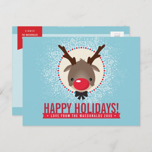 クリスマス挨拶レッド鼻トナカイルドルフ青 シーズンポストカード (正面/裏面)