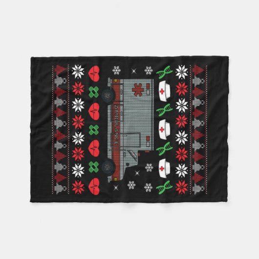 クリスマス救急車救急医療隊員病院ホリデイ フリースブランケット (正面(横))