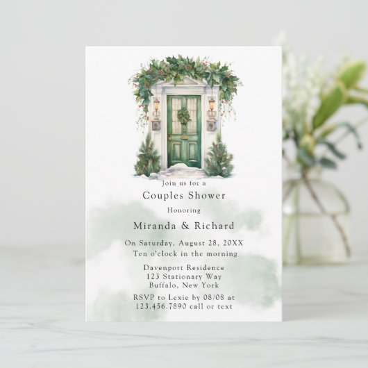 クリスマス教会のドア冬のシーンのカップルのシャワー 招待状 (スタンド正面)